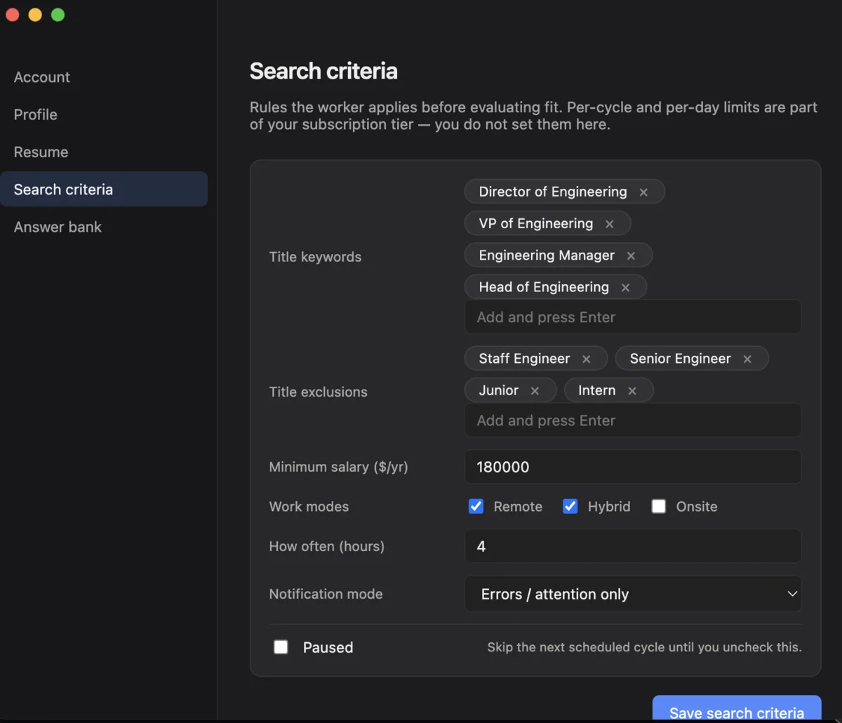 OutLinked desktop Search criteria settings with title keywords, exclusions, minimum salary, work modes, and cycle interval