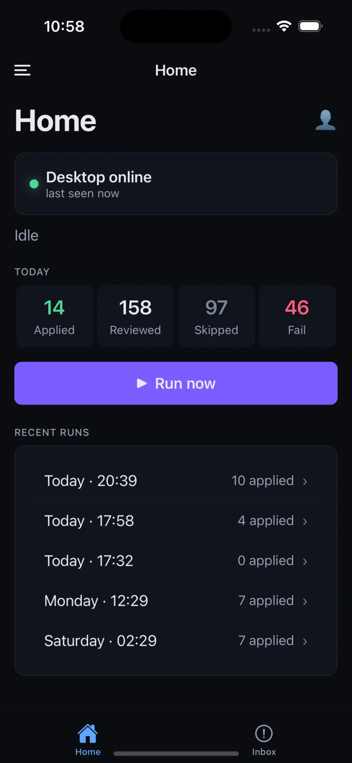OutLinked iPhone home screen with desktop-online status, today's run counters, and recent runs