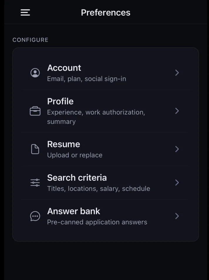 OutLinked iPhone Preferences screen with Account, Profile, Resume, Search criteria, and Answer bank